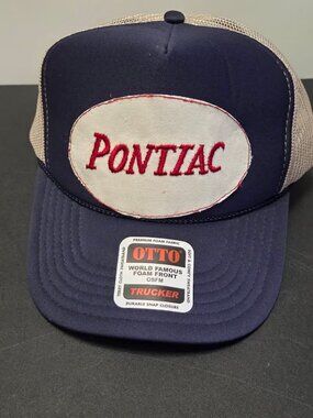 Pontiac Patch Hat OTTO Foam Front Trucker Snapback Navy Tan Mesh Cap New